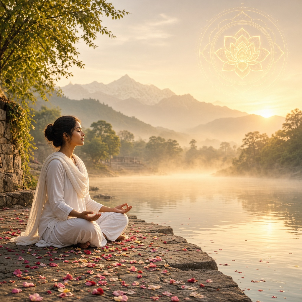 A woman meditating by a river at dawn with the Himalayan foothills behind her